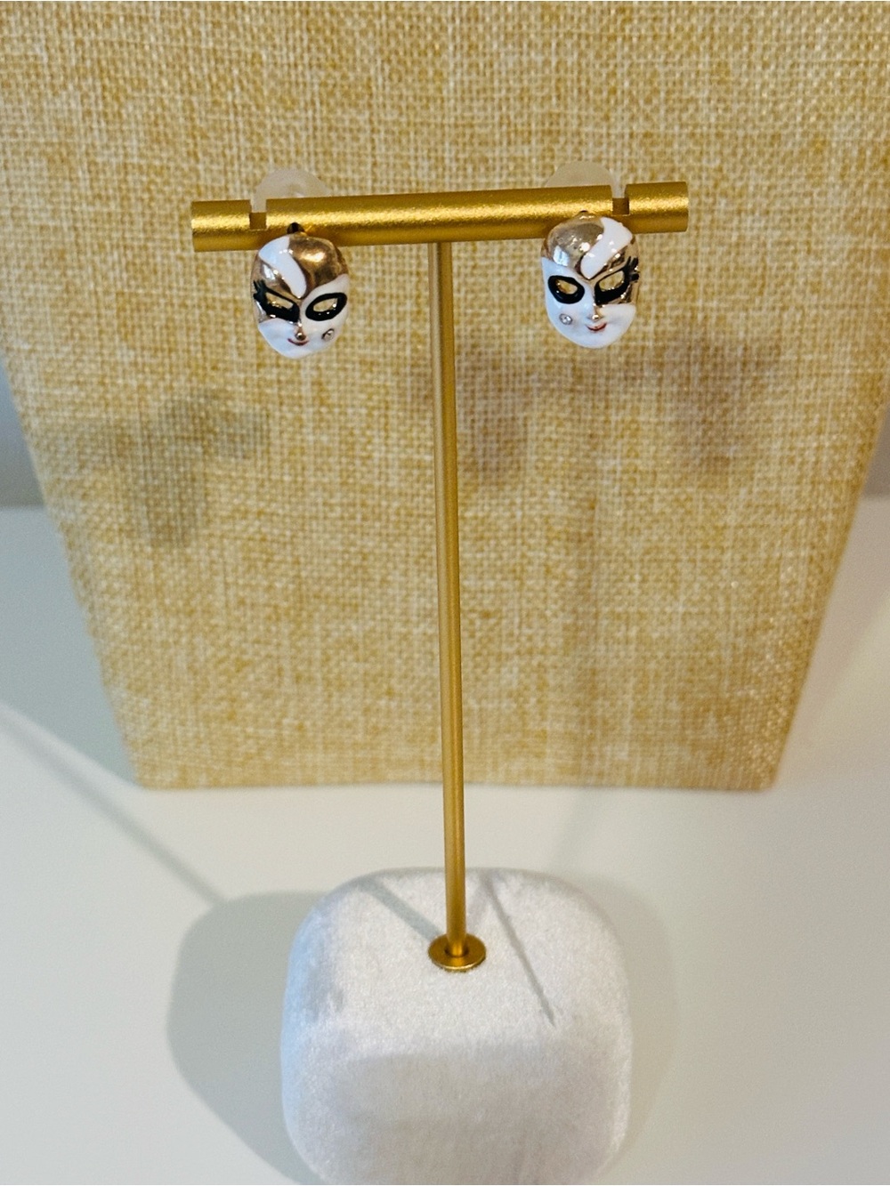 Fashion Jewelry White and Gold Masquerade Mask Stud Earrings